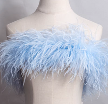 Load image into Gallery viewer, Baby blue ostrich feather bridal wrap, soft feather cape for weddings, baby showers and formal events
