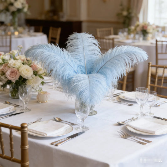 Baby blue ostrich feather centerpiece, soft table decor for baby showers, spring weddings and pastel-themed parties