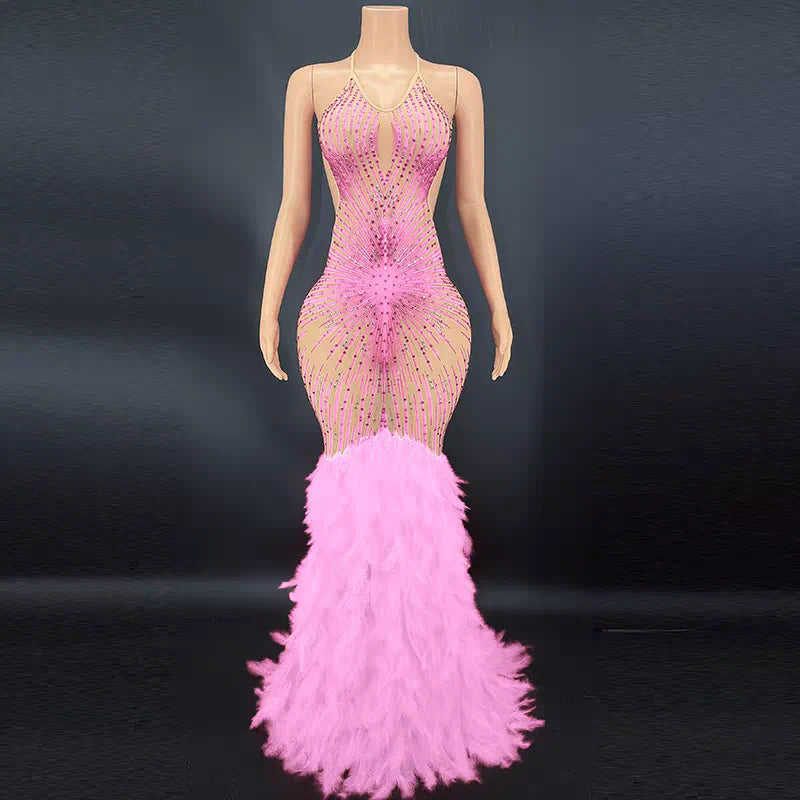 Luxury Burlesque Feather Dress - Sparkling Showgirl Costume for Stage Performance & Cabaret
