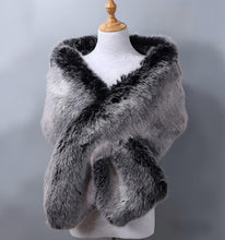 Load image into Gallery viewer, Black faux fur wrap with white tips, dramatic stole for weddings, formal events and evening gowns
