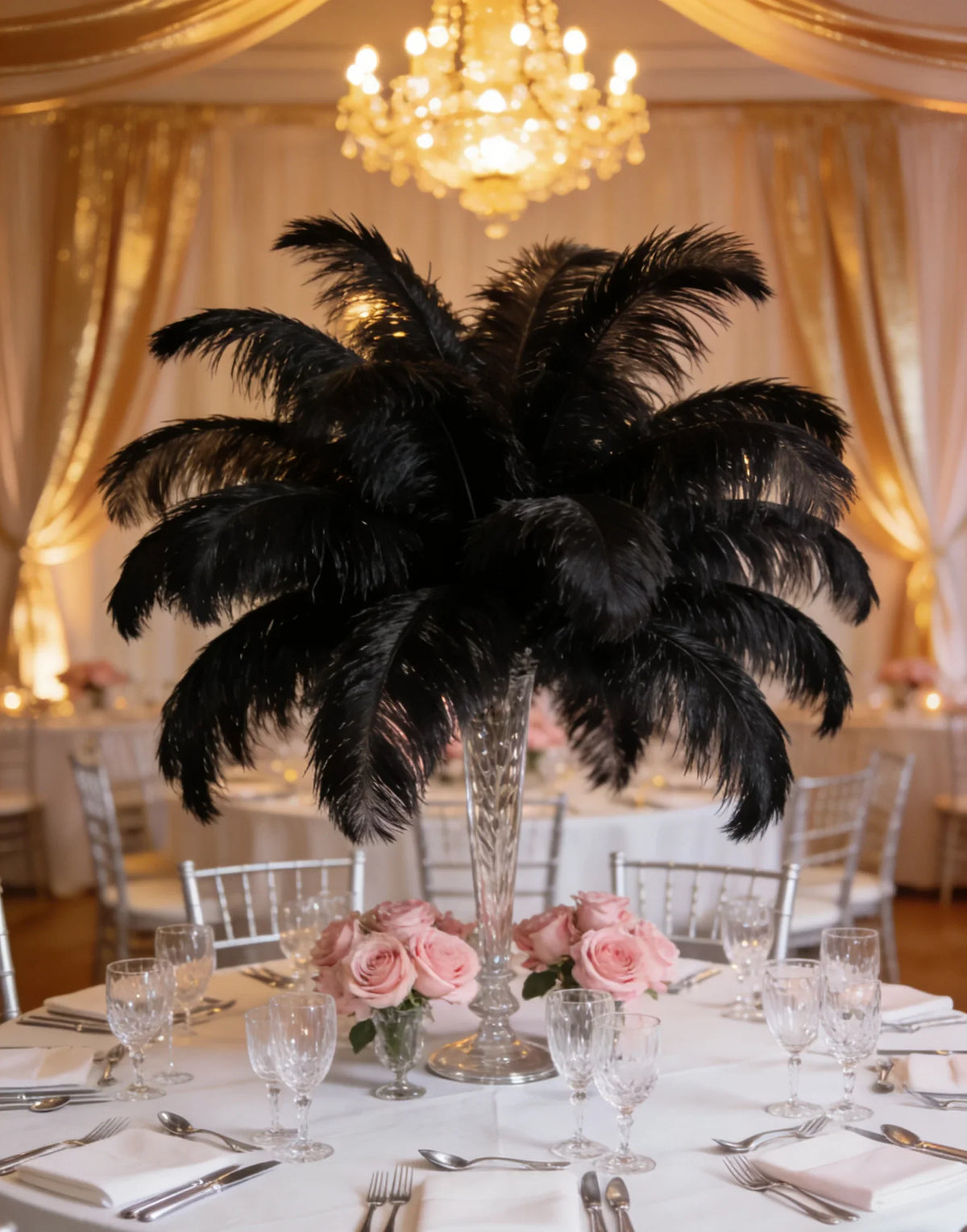 Black ostrich feather centerpiece, dramatic table decor for weddings, Halloween parties and formal events