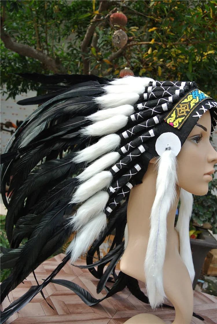 Black & White Feather Warbonnet - Handmade Native American Inspired Headdress for Photoshoots & Events
