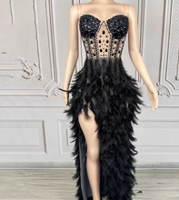 Load image into Gallery viewer, black feathered and beaded dress
