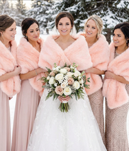 Load image into Gallery viewer, Blush pink faux fur wrap worn by bridesmaids at a wedding, romantic and warm stole for winter events

