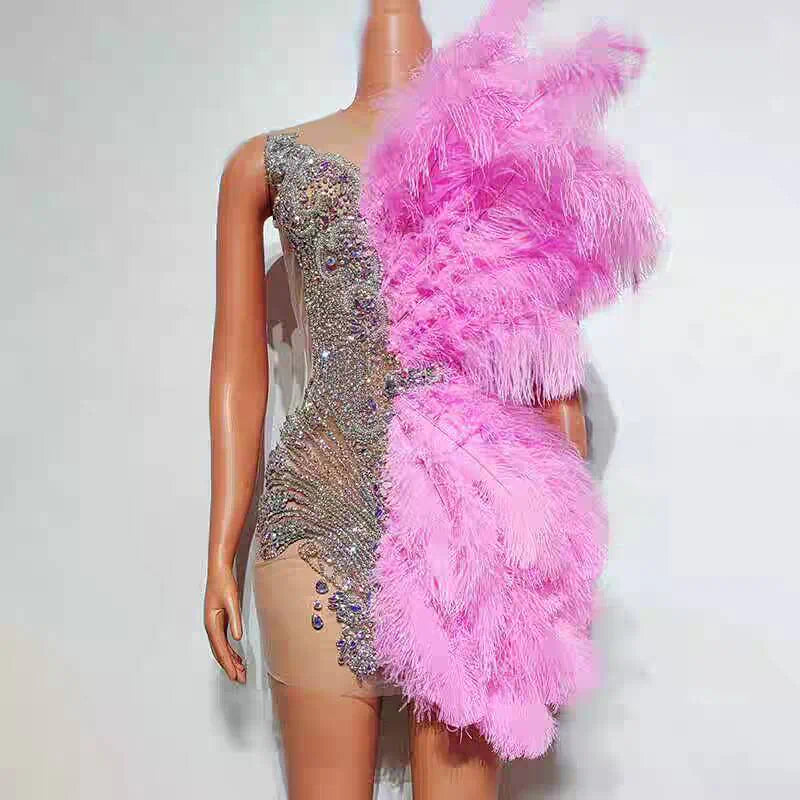Glitz Pink Ostrich Feather Rhinestone Mini Dress - One Shoulder Crystal Sheer Birthday Party Stage Gown