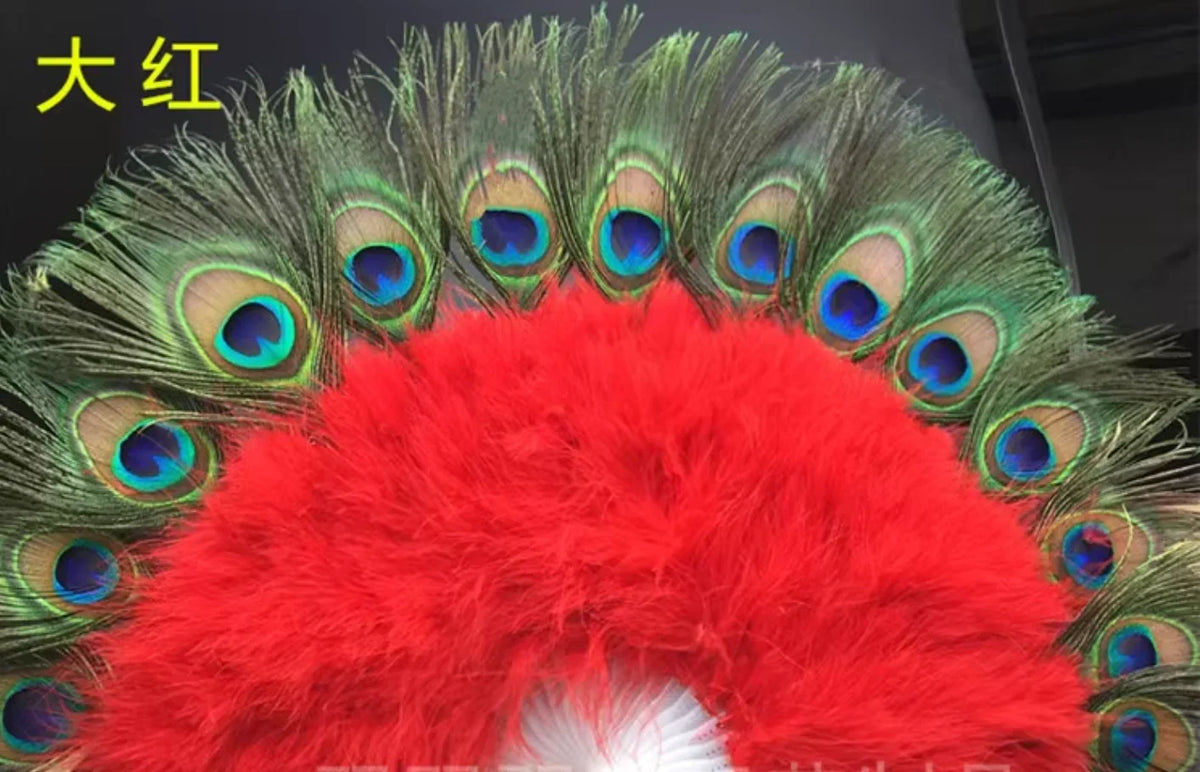  bright red peacock and ostrich feather fan, showing intricate patterns and texture