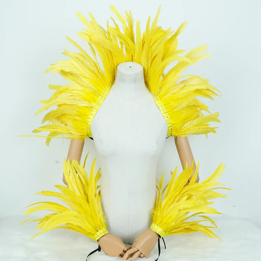 Bright yellow feather shawl cape, cheerful costume accessory for festivals, carnivals and themed events