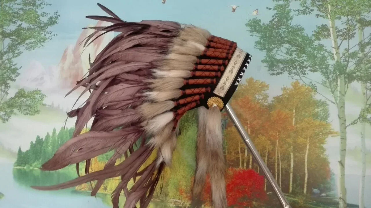 Detailed view of a brown feather headdress, authentic looking headpiece for themed costumes and events.