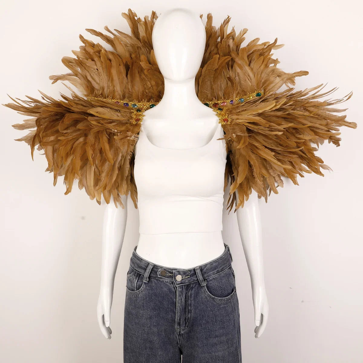 Brown vintage feather shoulder wrap, bohemian cape for halloween, cosplay, and retro-themed parties
