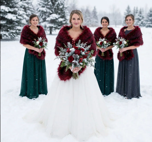 Burgundy faux fur wrap worn by bridesmaids at a winter wedding, rich and elegant stole for formal events