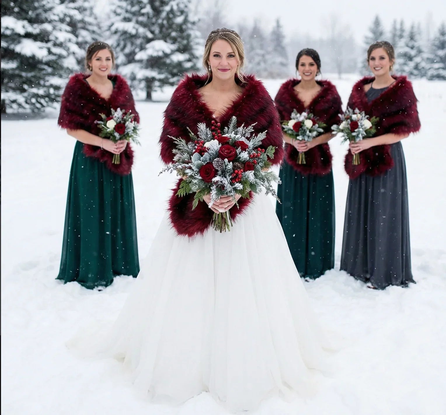 BurgendyWomen's Luxury Faux Fur Wrap Stole for Bridal Wedding Party
