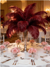Load image into Gallery viewer, Burgundy ostrich feather centerpiece, rich table decor for fall weddings, holiday parties and formal events
