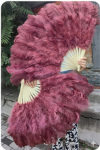 Load image into Gallery viewer, A pair of large Burgundy Ostrich Feather Fans for burlesque dancing and stage performance.

