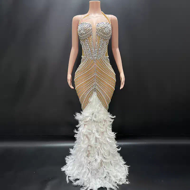 Luxury Burlesque Feather Dress - Sparkling Showgirl Costume for Stage Performance & Cabaret