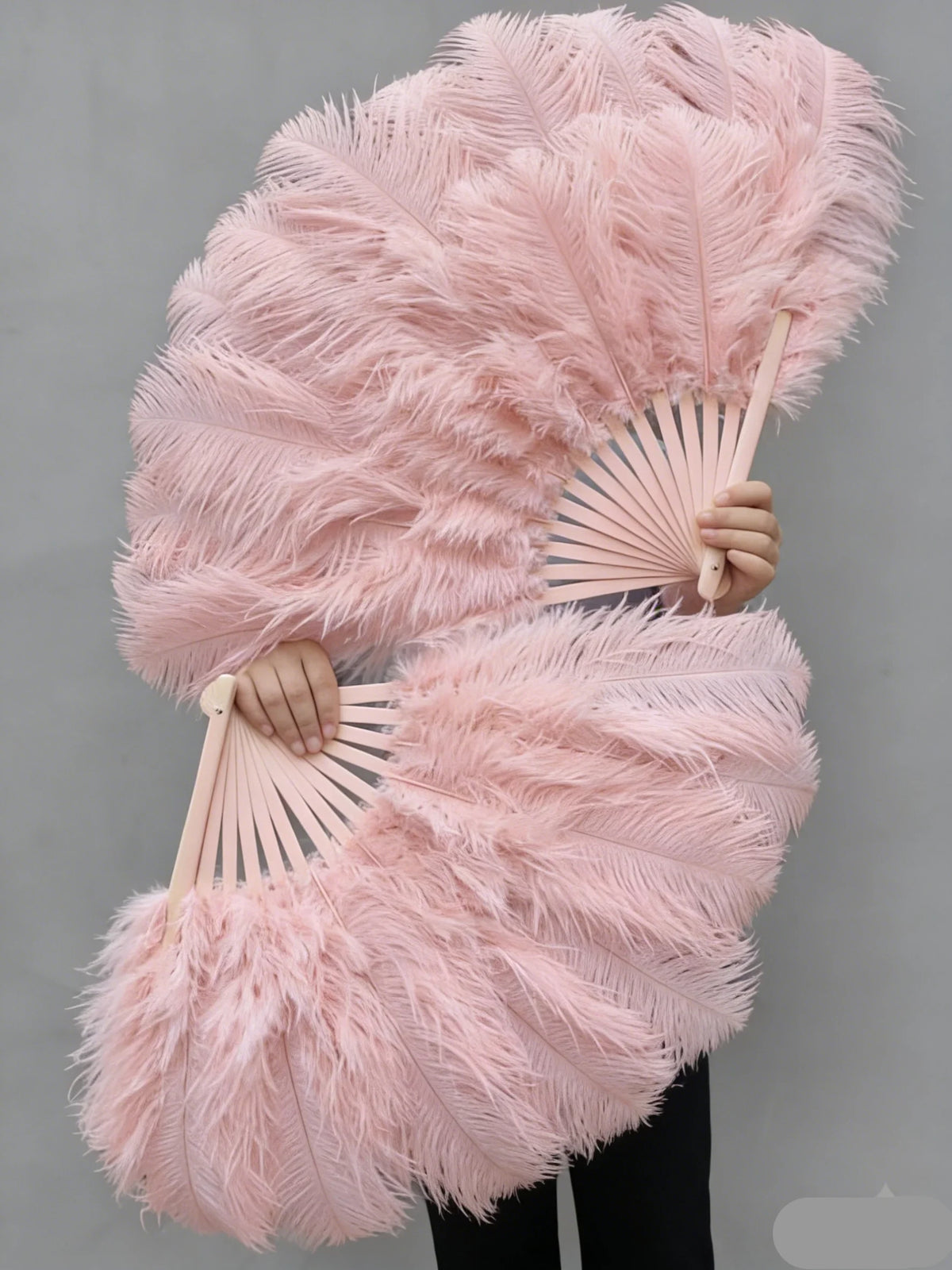 Champagne pink ostrich feather fan, elegant and warm-toned fluffy fan for weddings, events and photoshoots