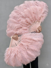 Load image into Gallery viewer, A pair of large Champagne Ostrich Feather Fans for burlesque dancing and stage performance.
