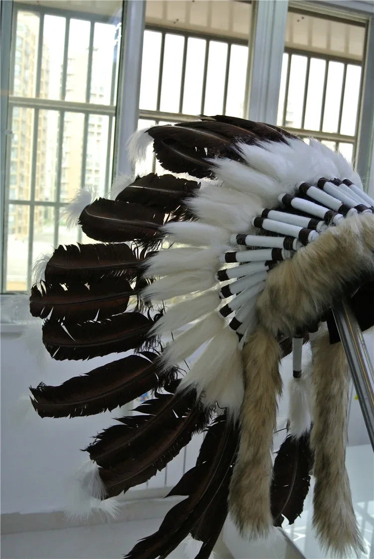 Classic Black & White Feather Warbonnet - Traditional Indian Chief Style Headdress for Costume & Decoration