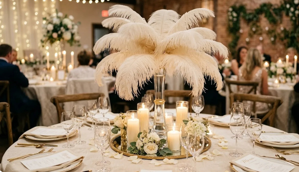 Classic cream white ostrich feather centerpiece with candles, timeless wedding reception table decor.