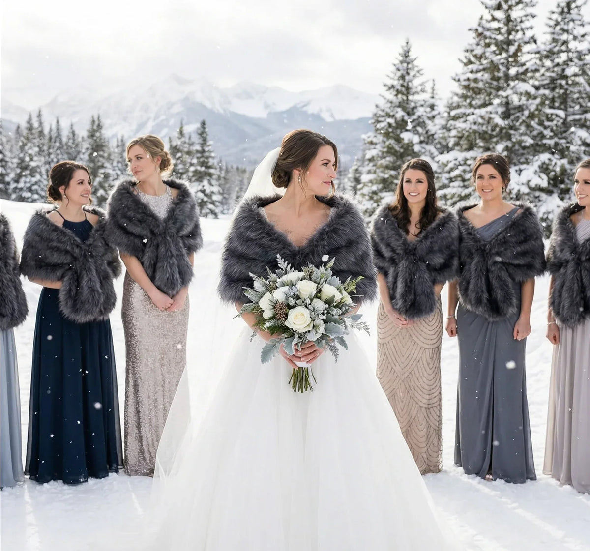 Deep grey faux fur wrap worn by bridesmaids at a winter wedding, sleek and stylish stole for formal events
