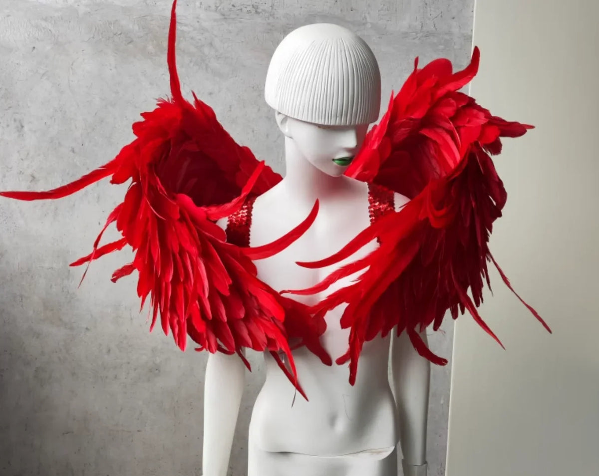 Dramatic red feather devil wings, eye-catching costume prop for stage shows, photoshoots and Halloween