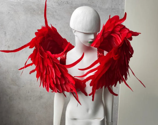 Dramatic red feather devil wings, eye-catching costume prop for stage shows, photoshoots and Halloween