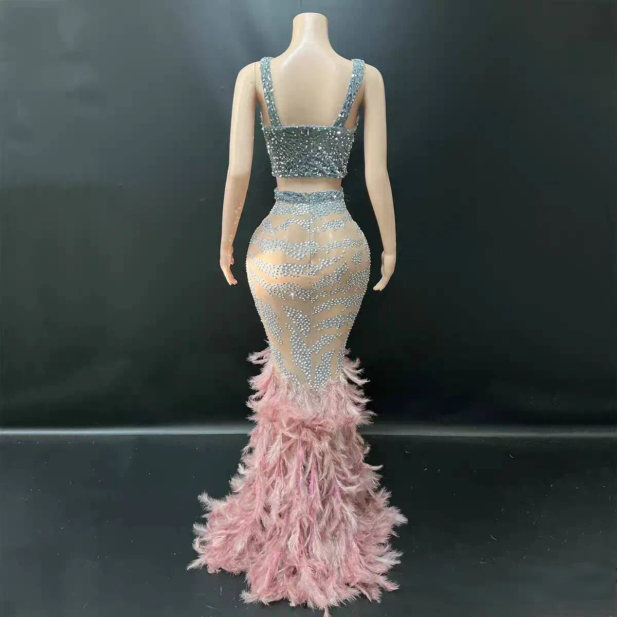 Dusty Pink Feather Mermaid Gown with Crystal Rhinestone Bodice