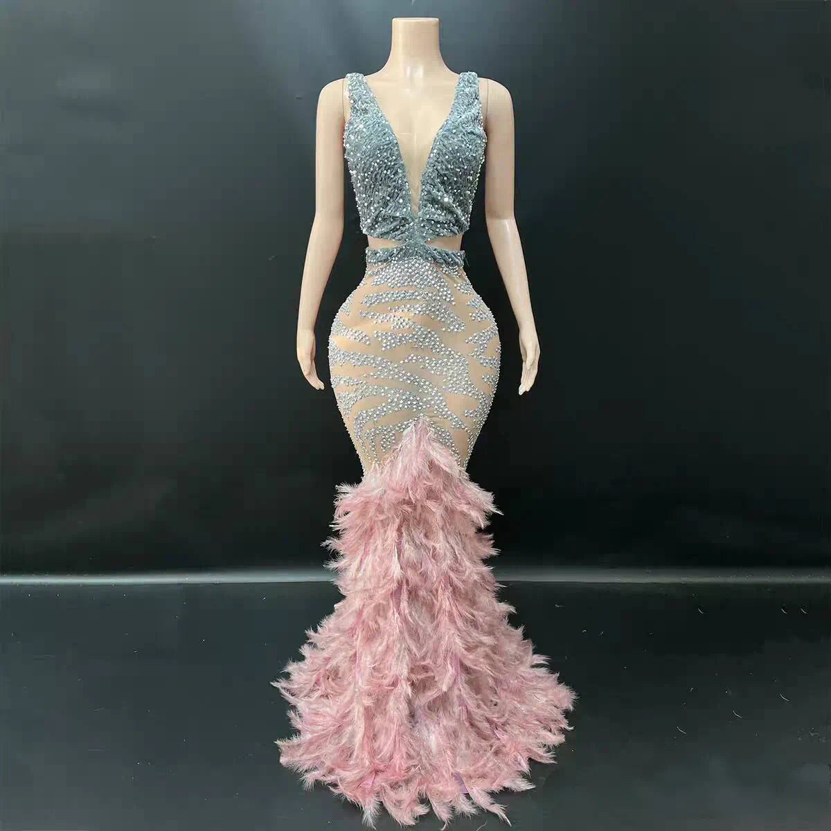 Dusty Pink Feather Mermaid Gown with Crystal Rhinestone Bodice