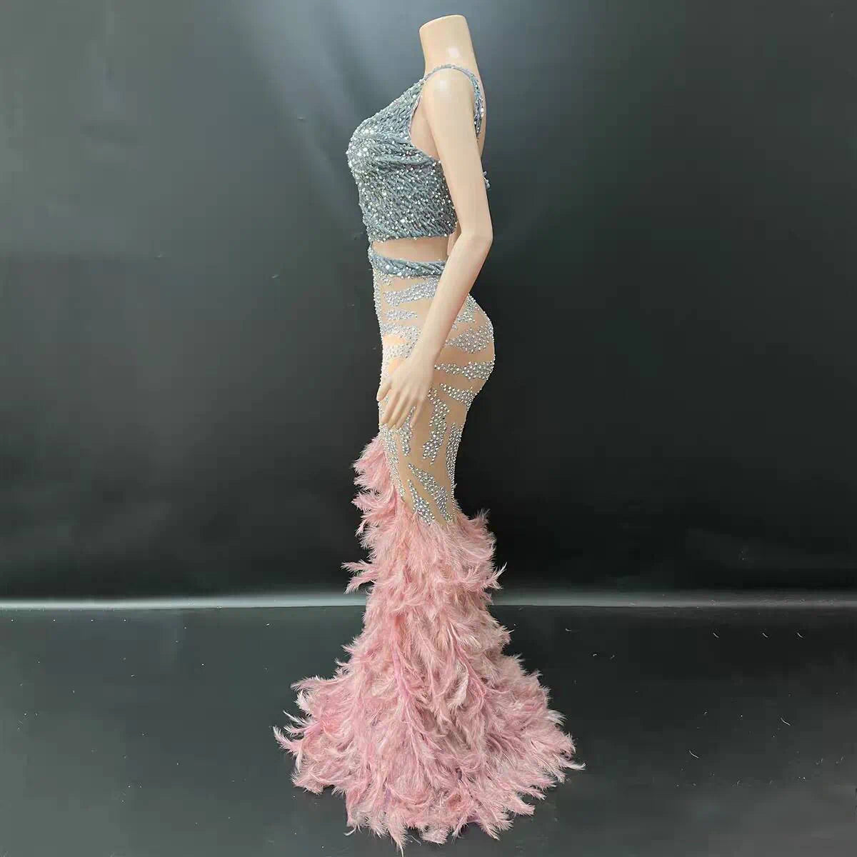 Dusty Pink Feather Mermaid Gown with Crystal Rhinestone Bodice