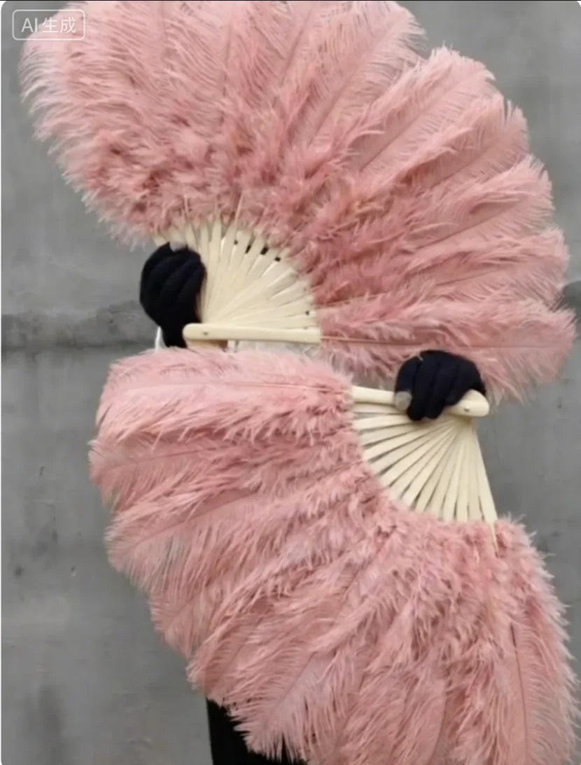 Dusty pink ostrich feather fan, soft and romantic handheld fan for weddings, performances and special occasions