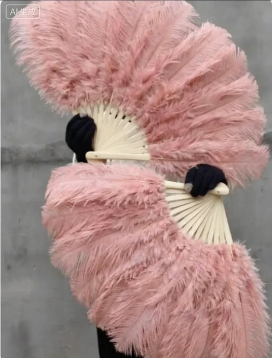 A pair of large Dusty Pink Ostrich Feather Fans for burlesque dancing and stage performance, photoshoots, events and themed parties