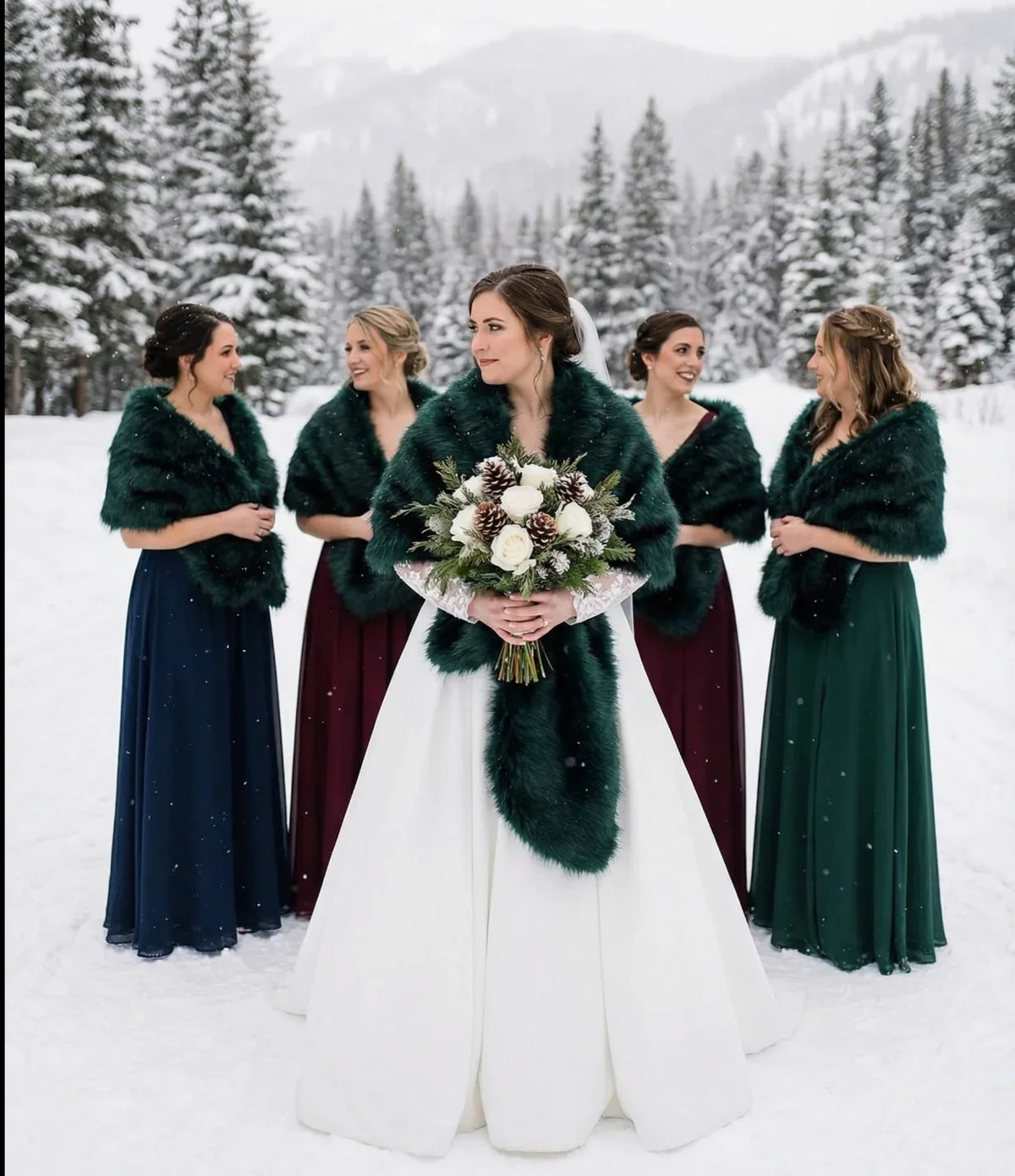 Emerald green faux fur wrap worn by bridesmaids at a wedding, rich and elegant stole for winter events