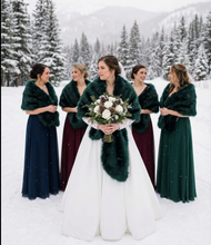 Load image into Gallery viewer, Emerald green faux fur wrap worn by bridesmaids at a wedding, rich and elegant stole for winter events
