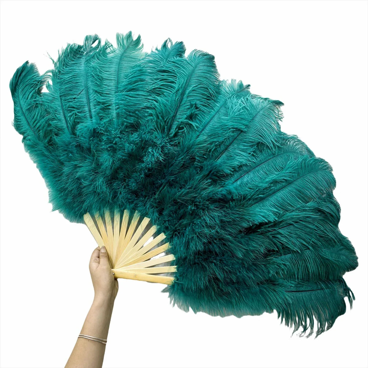 emerald ostrich feather fan, showing vibrant color and fluffy texture for performances