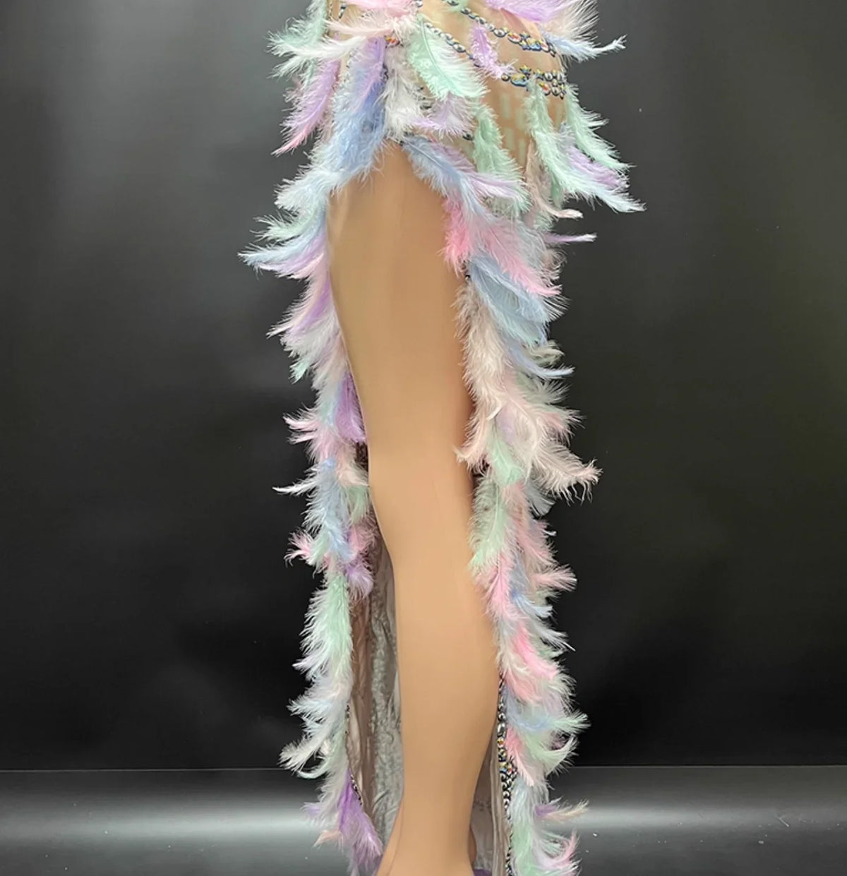 Mannequin wearing a colorful feathered outfit against a black background