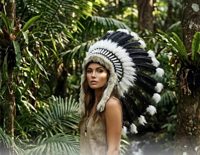 handcrafted feather warbonnet featuring white and dark brown feathers with light tan fur detailing.