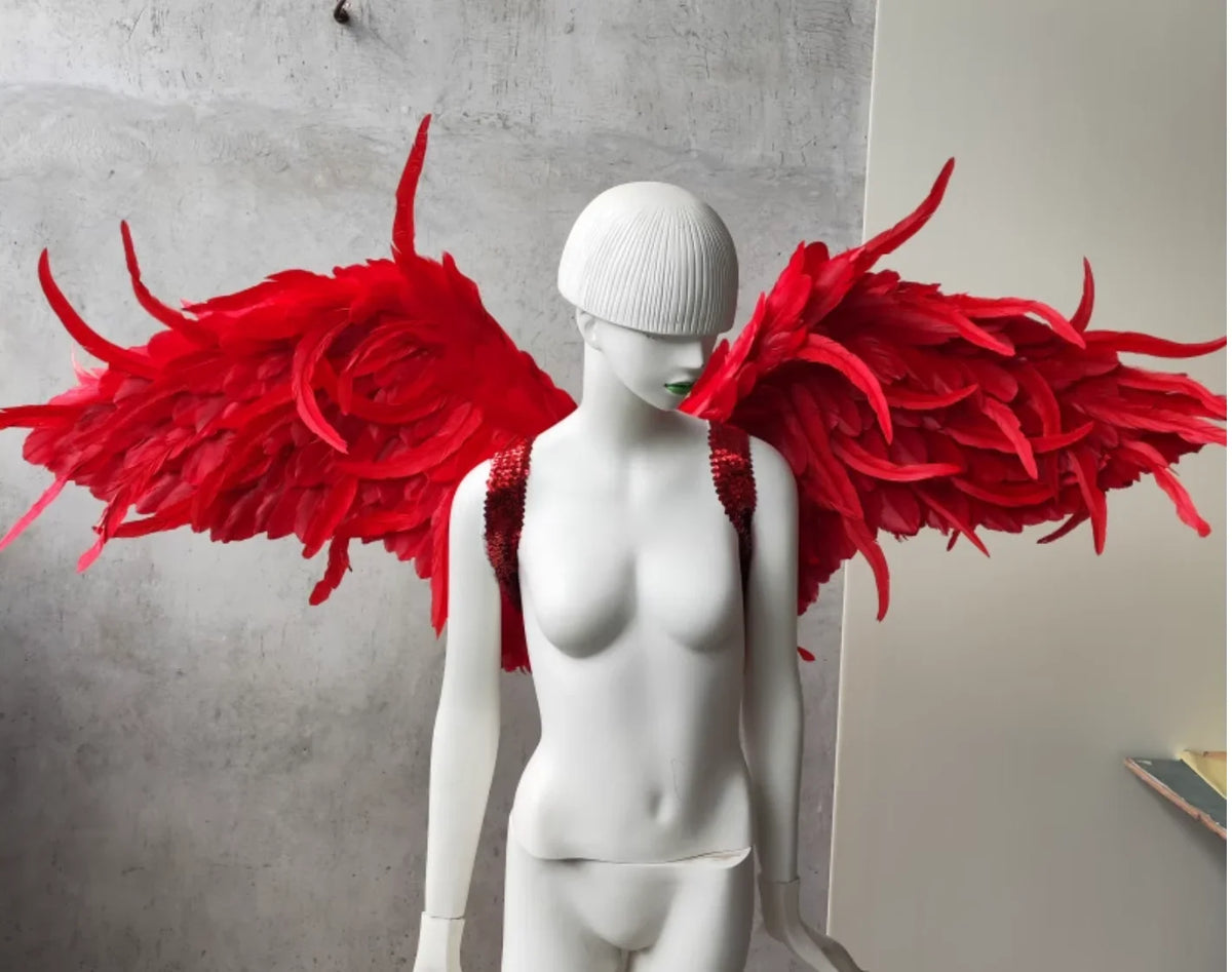 Fluffy red feather devil wings, soft costume prop for Halloween, parties and cosplay