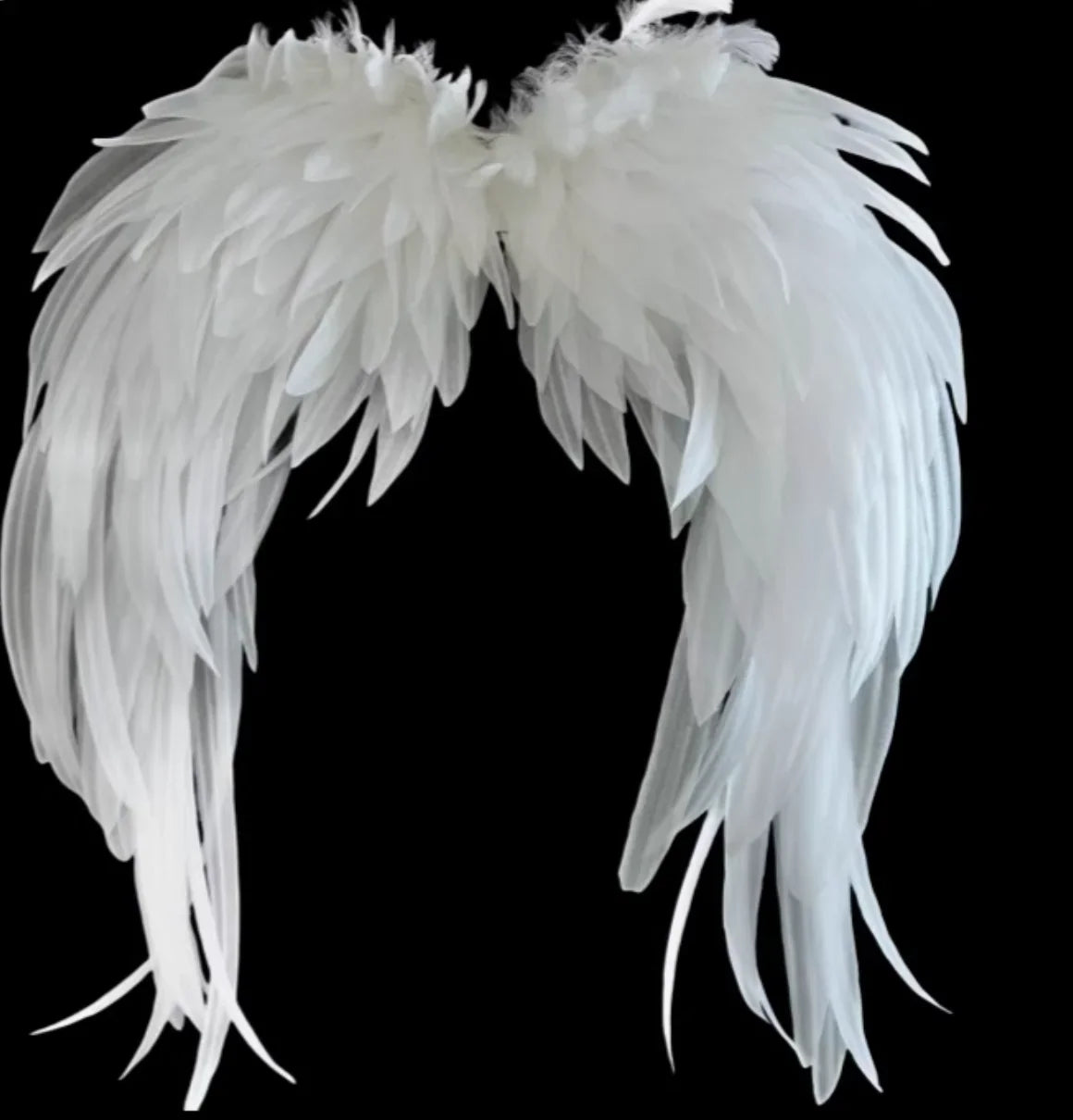Large fluffy white feather angel wings, realistic design for cosplay, Halloween, photoshoots and themed parties.