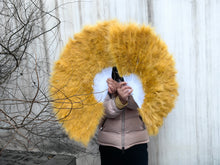 Load image into Gallery viewer, Large gold marabou feather fan, glamorous dance prop for burlesque, weddings and themed events
