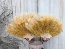 Load image into Gallery viewer, Gold-toned ostrich feather fan, luxurious and glamorous handheld fan for weddings, performances and special occasions
