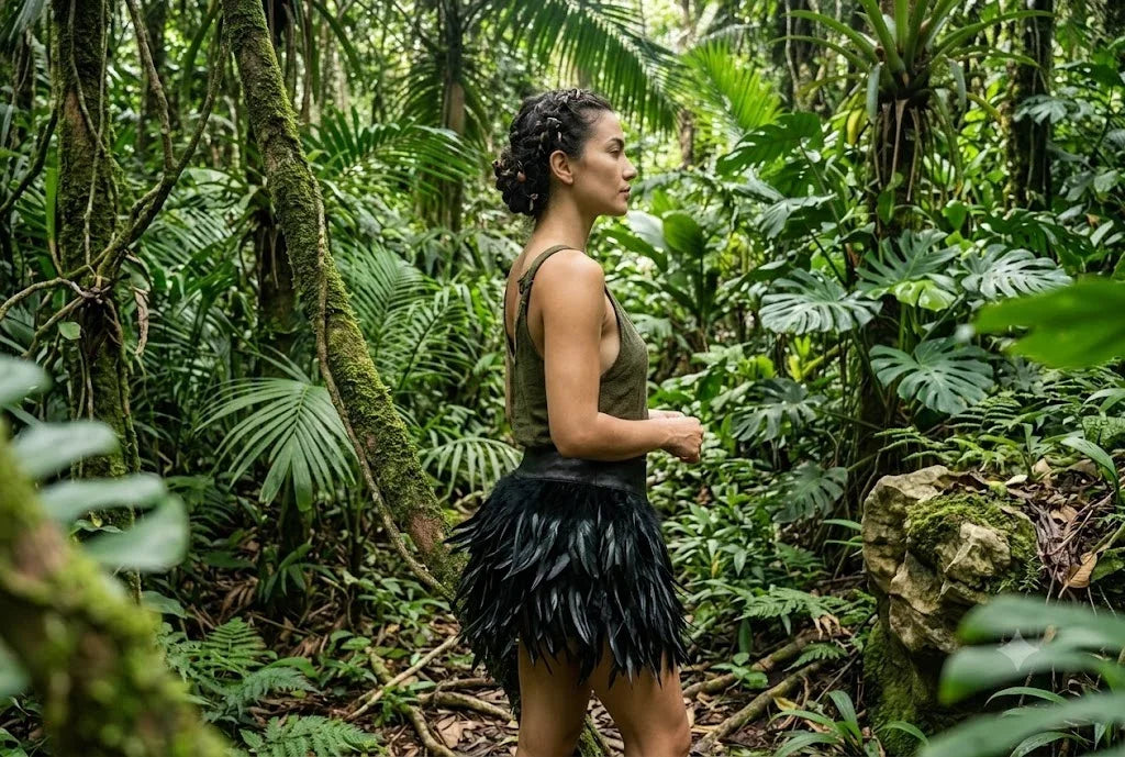 A full-length outdoor shot of a model wearing a voluminous gothic-style black feather skirt in the woods.
