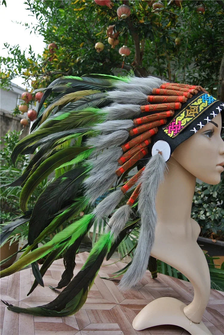 Green Feather Warbonnet Tribal Headpiece - Authentic Style Costume Accessory for Themed Parties & Festivals