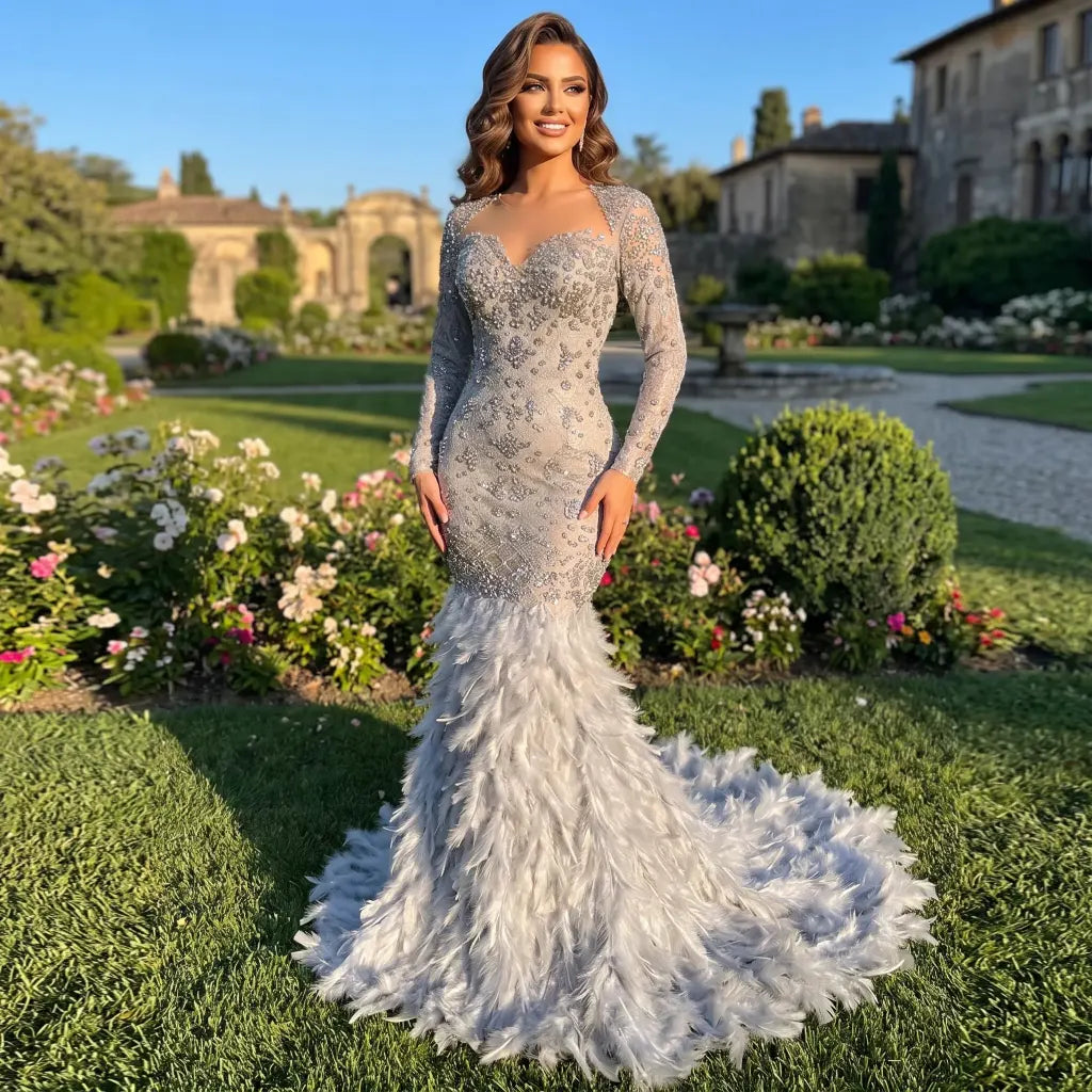 Grey Feather Mermaid Gown with Beaded Illusion Sleeves