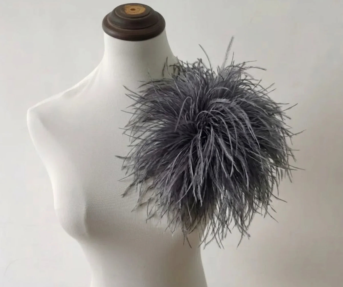 Grey silver ostrich feather boutonniere, minimalist lapel pin for modern weddings and formal suits