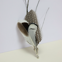 Load image into Gallery viewer, Grey and white feather boutonniere for groom, elegant feather lapel pin for wedding, prom, and formal events.
