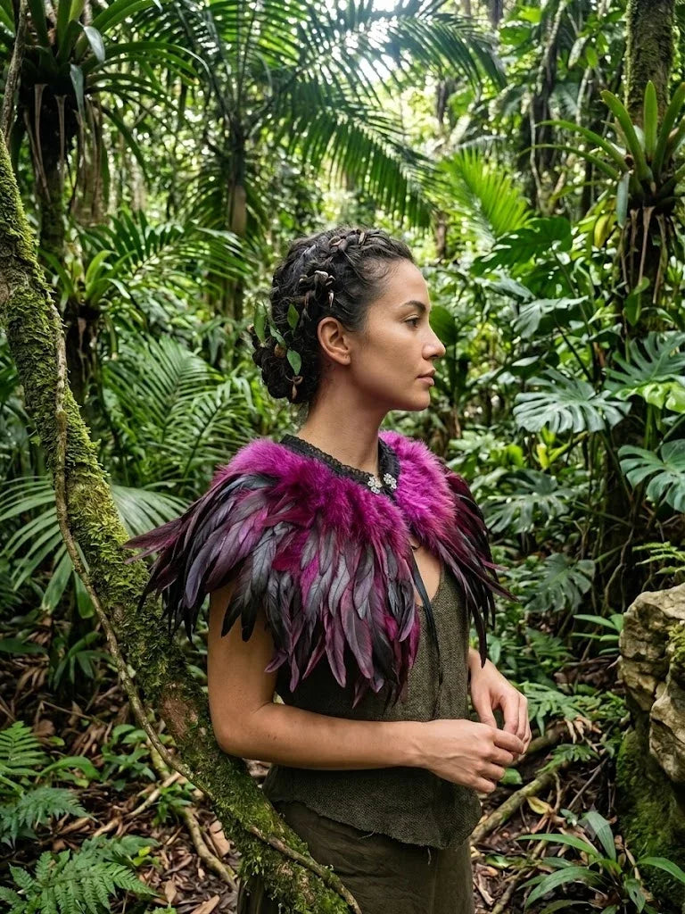 A side-profile view of a model in a lush tropical forest wearing a striking hot pink feather cape