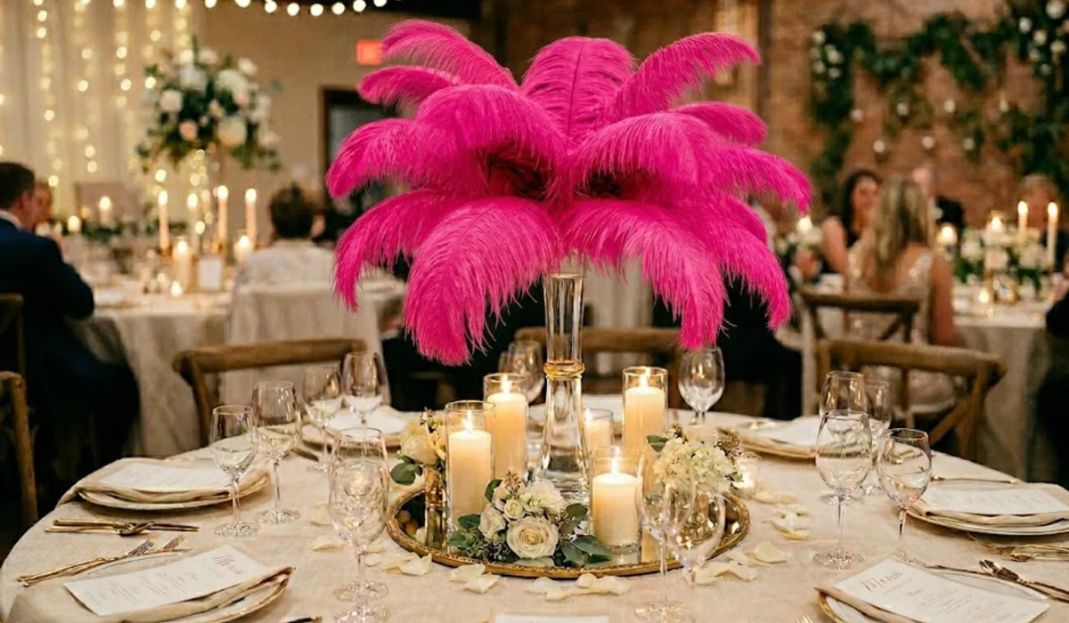 Bold hot pink ostrich feather centerpiece, eye-catching floral alternative for party table settings.