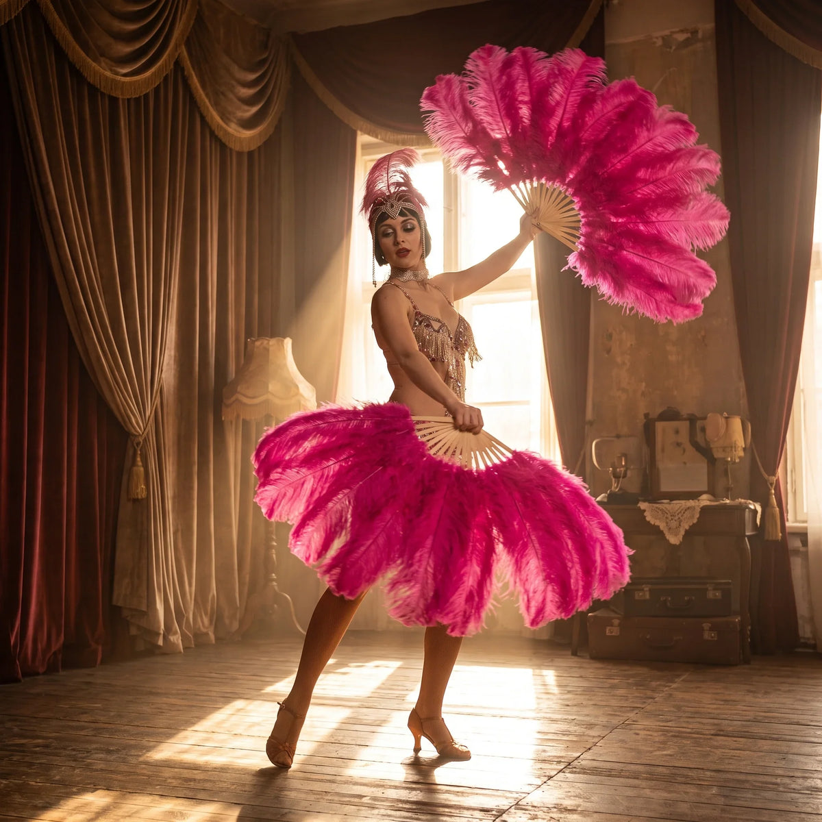 Burlesque dancer in a pink ostrich feather costume holding large pink feather fans.