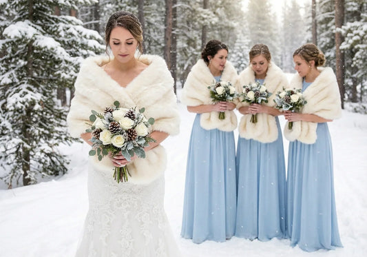 Ivory faux fur wrap worn by bridesmaids at a wedding, soft and elegant stole for winter events