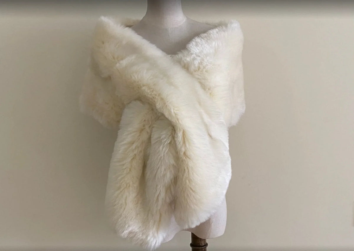 Ivory faux fur wrap stole, elegant and soft shrug for weddings, evening gowns and formal events