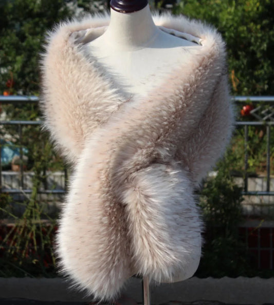 Ivory faux fur wrap with brown tips, elegant stole for weddings, evening gowns and formal events